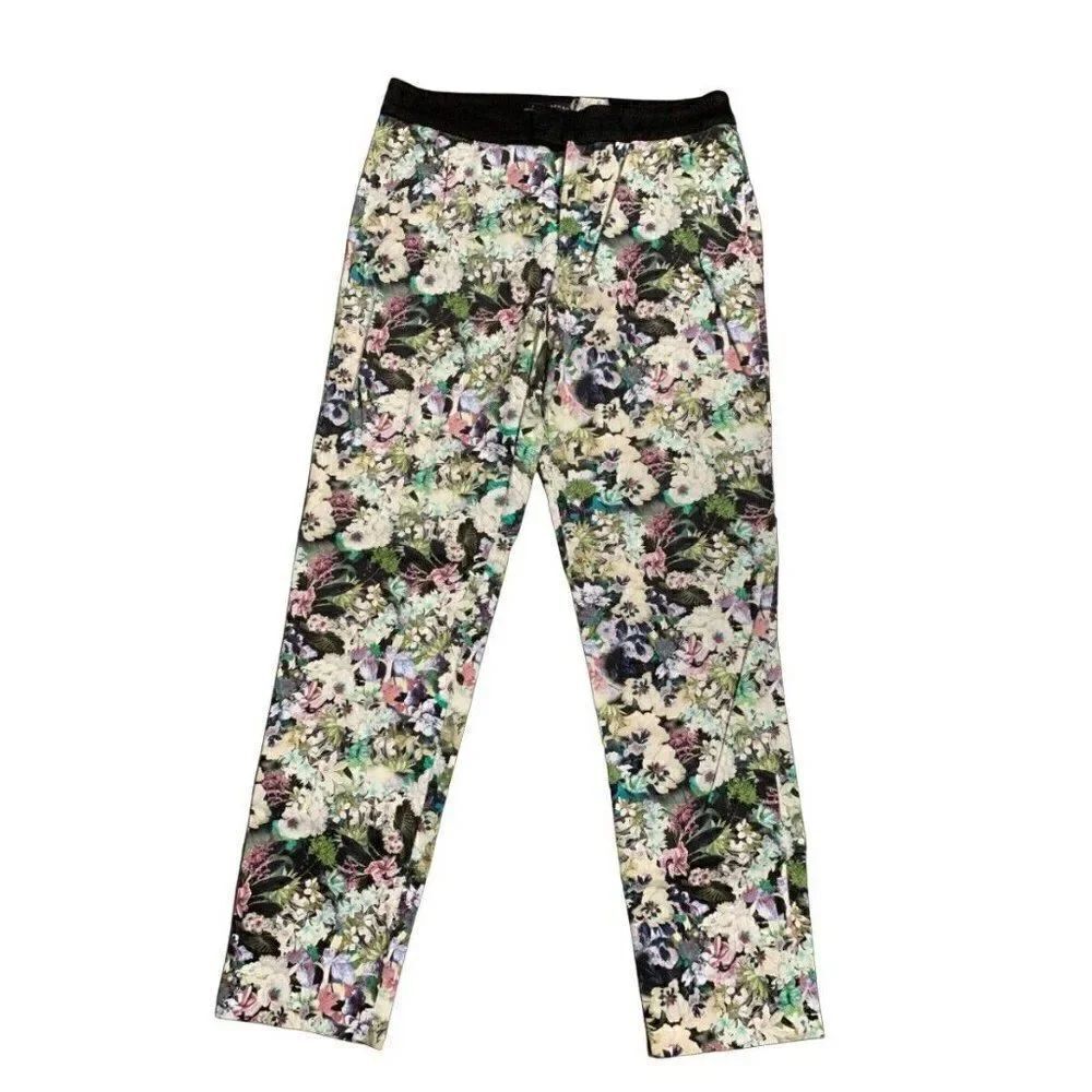 zara womens black white pink floral mid rise pants xs